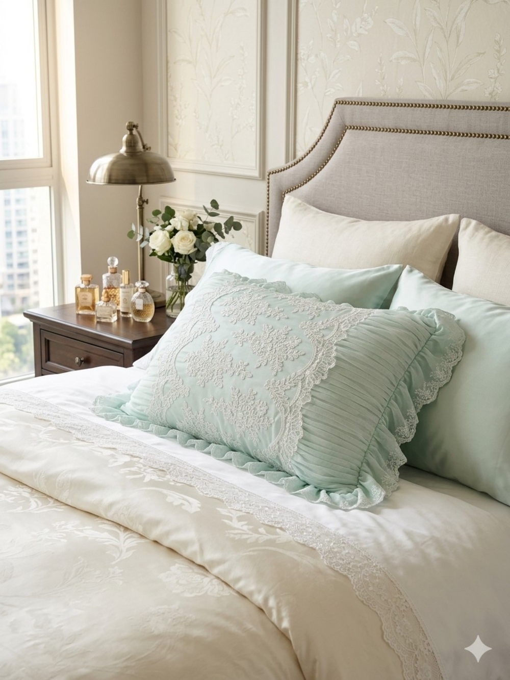 Luxurious Mint Lace Decorative Pillow Sham– Home Bedding